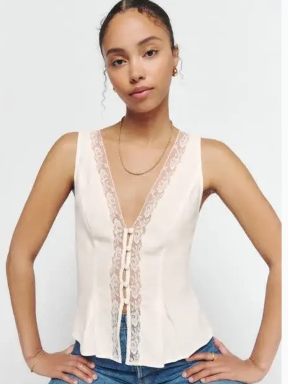 Reformation Cristina top Cream Lace-Trimmed Silk Camisole